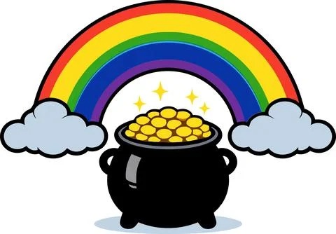 Pot of Gold at the End of a Rainbow with Clouds and Sparkles Stock-Illustration