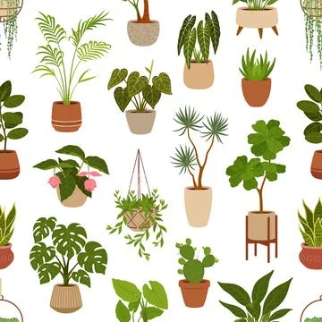 Pot with green plants seamless pattern, flowers 스톡 일러스트