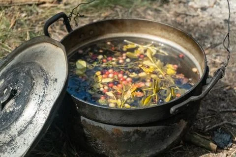 A pot with a herbal tea on the ground Stock Photos