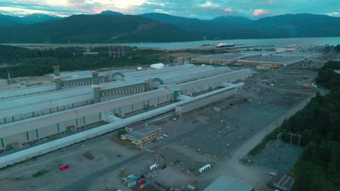 The pot lines and port facility of an aluminum smelter in Kitimat, BC Stock Footage 317995245