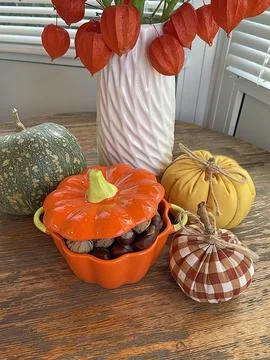Pot of nuts, chestnuts and pumpkins on wooden old table. Composition for Stock Photos