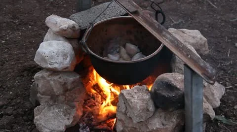 Pot over Fire Stock Footage 22347111