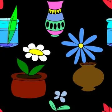 Pot plants seamless pattern flowers in pots Stock Illustration