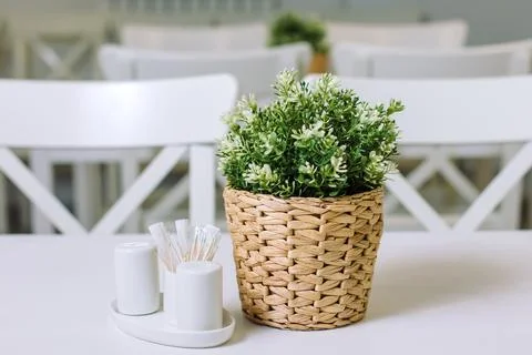 A pot of plastic plants, on a table in a wicker pot. 스톡 사진