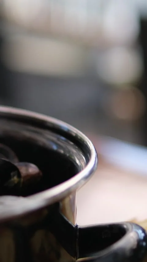 Pot with shellfish mussels Cooked mussels in a pot. Seafood, toasts and lemon. Stock Footage 295417144