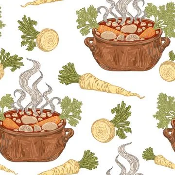 A pot of stew with vegetables. Seamless pattern. This vintage illustration is Stock Illustration
