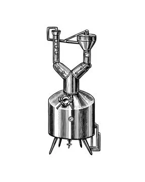 Pot Swan necked copper stills distillery for making alcohol. Engraved hand drawn Stock Illustration
