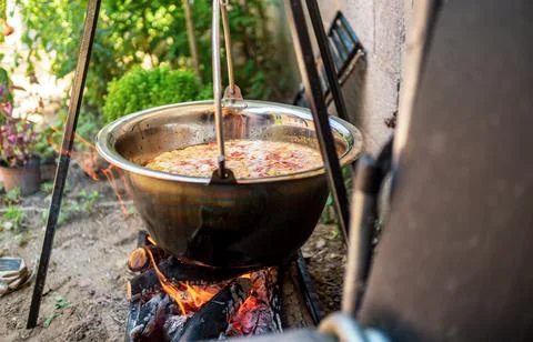 Pot with vegetables cauldron over open fire, preparing stew soup on wood gril Stock Photos