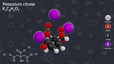 Potassium Citrate. E332. 3D model.  C6H5K3O7.  Dark background. 3D render Stock Footage 290906684