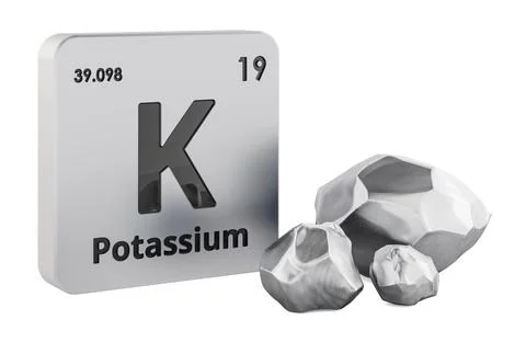 Potassium element tile with K symbol and potassium pieces. 3D rendering Stockillustratie