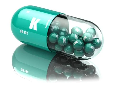 Potassium K element pill. Dietary supplements. Vitamin capsules. Иллюстрация