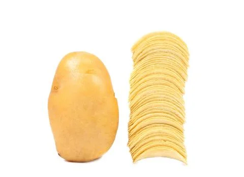 Potato and stack of chips. Potato and stack of chips. White background. C... Foto stock