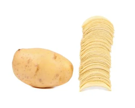  Potato and stack of chips. Potato and stack of chips. Isolated on a white... Stock Photos