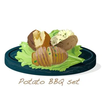 Potato BBQ vector illustration set isolated white background. Stock Illustration