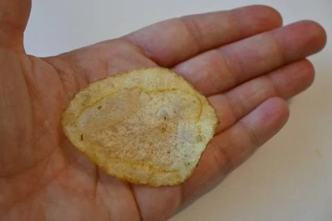 Potato Chip in Hand Close-Up, Snack Food and Eating Concept Fotos Stock