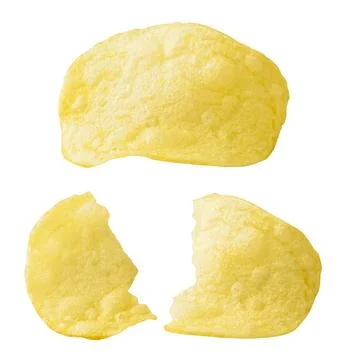 Potato chips and broken in half close-up on a white. Isolated Stock Photos