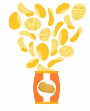 Potato chips and pack. Packaging of chip on white background. snack flying .. Illustrazione stock