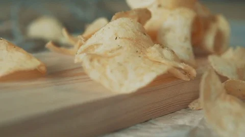 Potato chips close-up. Slow motion. Stock Footage 80013772