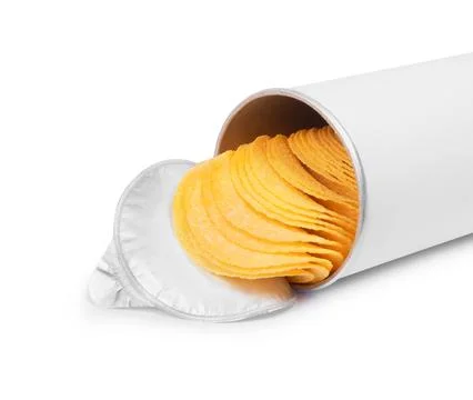 Potato chips in a cylindrical package close-up isolated on white background Stock Photos