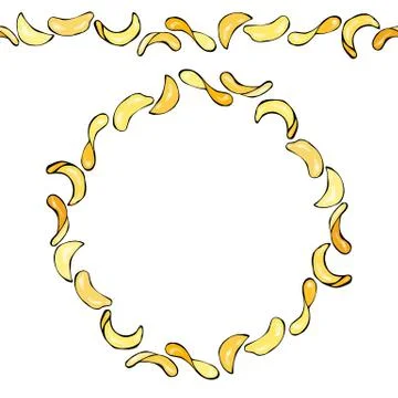 Potato Chips Endless Pattern Brush, Round Garland. Snacks Junk Food Wreath or Stock Illustration