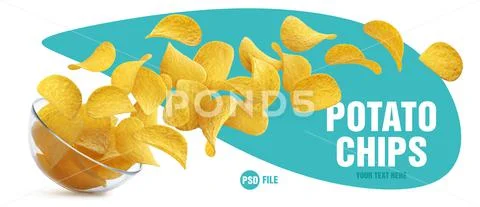 Potato chips falling into glass bowl  PSD-Vorlage