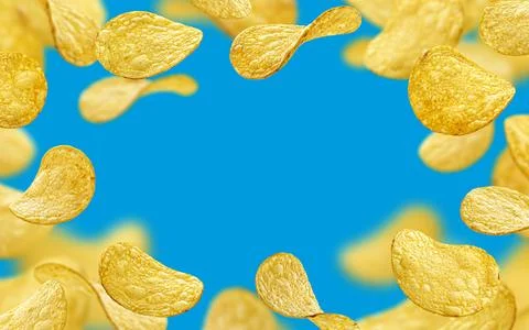 Potato chips frame, blue background Fotos Stock