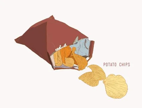 Potato chips , Packaging, bag of chip ,sketch vector. Stock Illustration