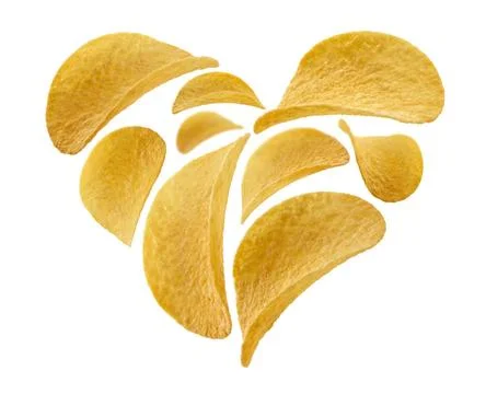 Potato chips in the shape of a heart on a white background Potato chips in... 스톡 사진