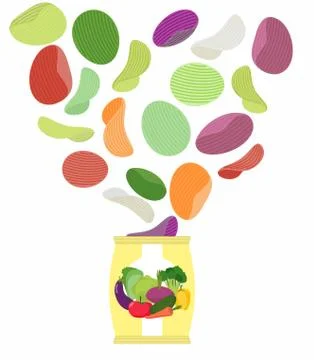 Potato chips taste of vegetables. Packaging, bag of chips on a white backgrou Illustrazione stock
