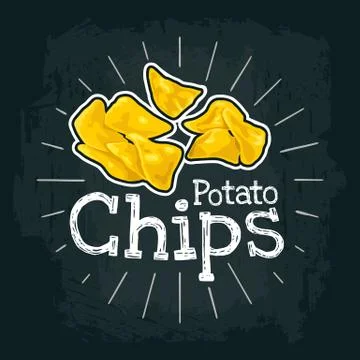 Potato Chips. Vector flat illustration with engraving rays, lettering Illustrazione stock