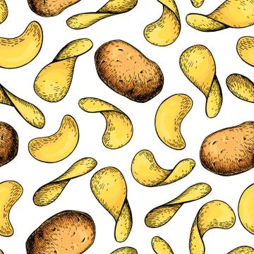 Potato chips vector seamless pattern. Hand drawn food background. Stock Illustration