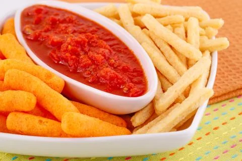 Potato, corn chips and red sauce Stock Photos