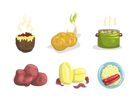 Potato Dish and Meal with Mashed on Plate, Boiling in Pot and Stuffed Vector Set Stock Illustration