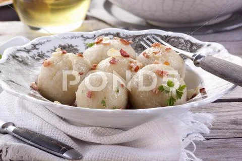 Potato dumplings with bacon Stock Photos