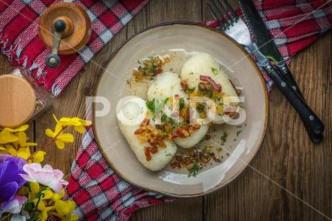 Potato dumplings stuffed with minced meat. Stock Photos