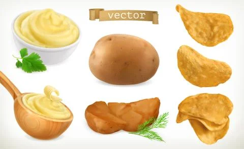 Potato, mash and chips. Vegetable. 3d vector icon set Stock Illustration