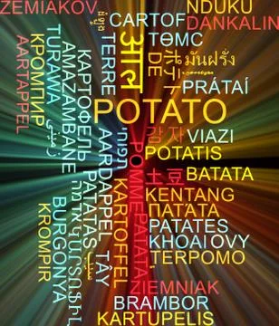 Potato multilanguage wordcloud background concept glowing Stock Illustration
