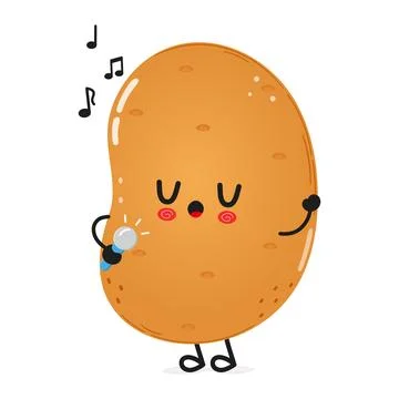 Potato sings into a microphone character. Vector hand drawn cartoon kawaii .. Stock Illustration