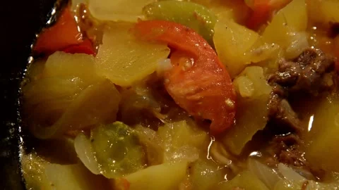 Potato with sliced bell pepper, tomato and meat stew Stock Footage 259226673