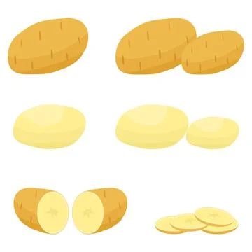 Potato vegetable vector set with whole, peeled, halved and sliced potatoes Stock Illustration