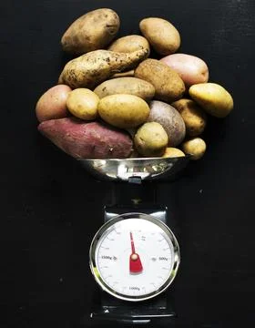 Potato on a weighing scale Stock-Fotos