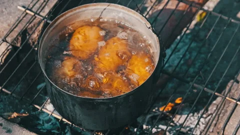 Potatoes are Boiled in Pot in Boiling Water over an Open Fire on Self-Made Stove Stock Footage 252015944