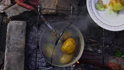 Potatoes are Cooked in a Large Cauldron Over an Open Fire During the Day Stock Footage 248301040