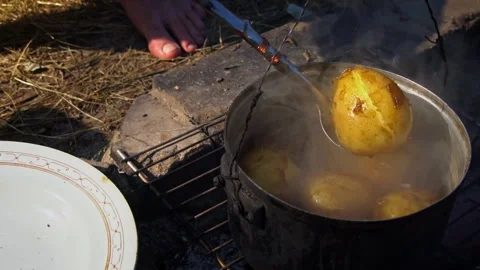 Potatoes are Cooked in a Large Cauldron Over an Open Fire During the Day Stock Footage 252804773