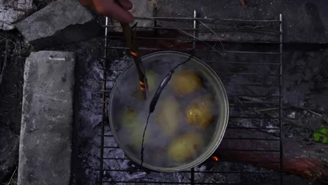 Potatoes are Cooked in a Large Cauldron Over an Open Fire During the Day Stock Footage 252804937