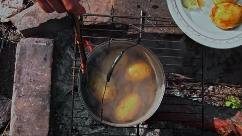 Potatoes are Cooked in a Large Cauldron Over an Open Fire During the Day Stock Footage 252805209