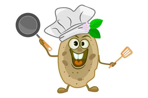 Potatoes cook isolated on white background. Potato chef with hat. Illustrazione stock