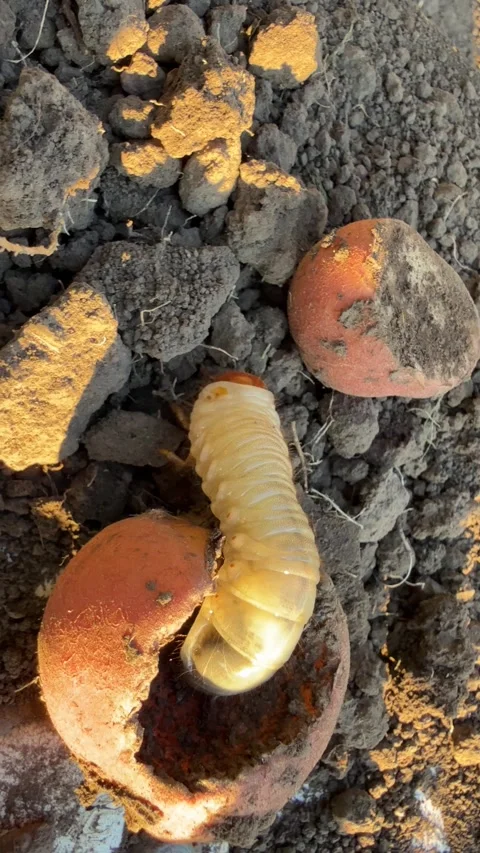 Potatoes eaten by pests May beetle larva soil pest Stock Footage 343406766
