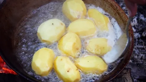 Potatoes fried in a pan in outdoor Stock Footage 70758339