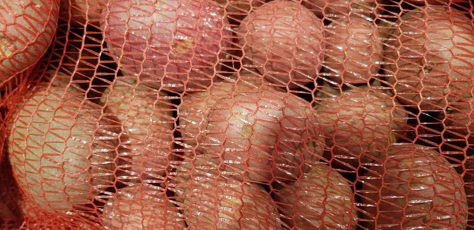 Potatoes in plastic sack Foto stock